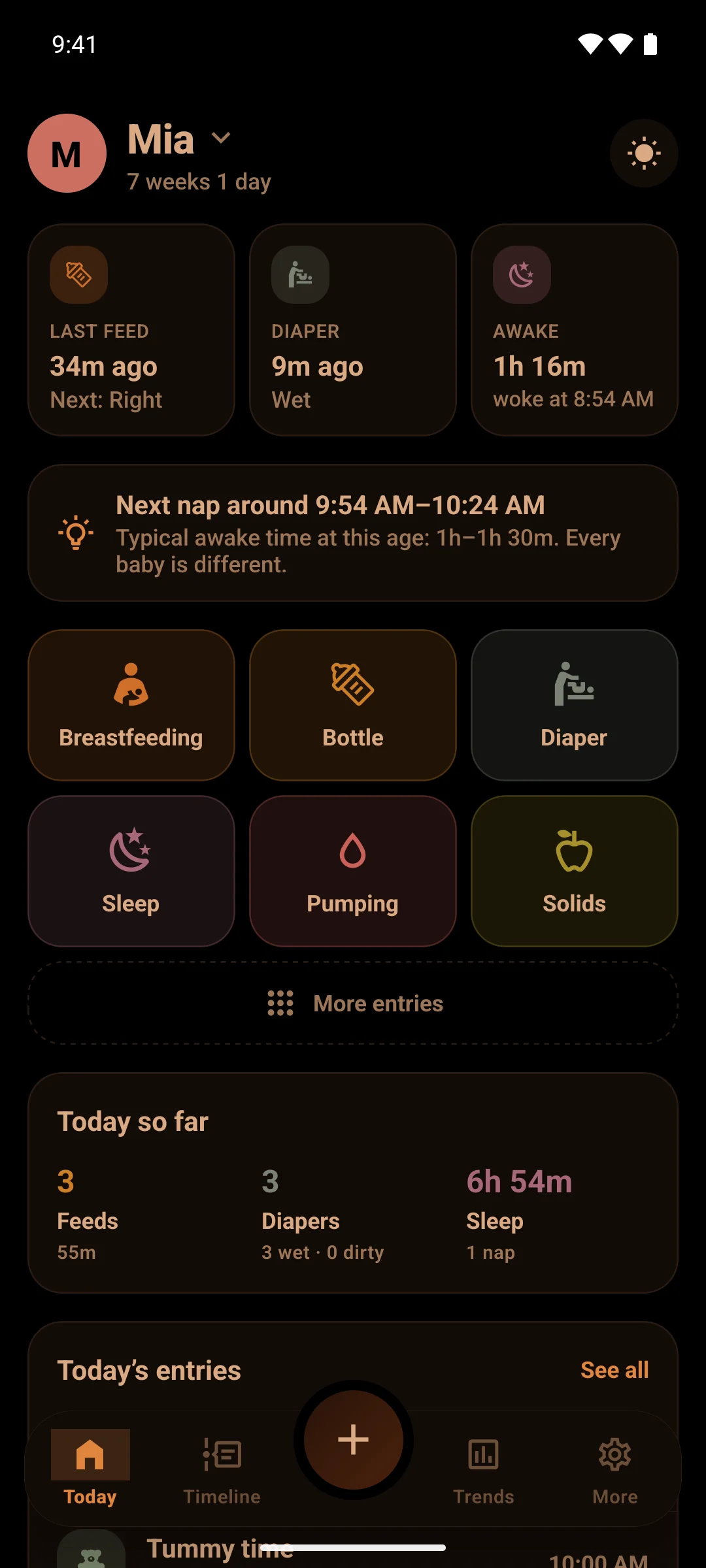 Today screen in the night light theme: black background with warm, dim amber text
