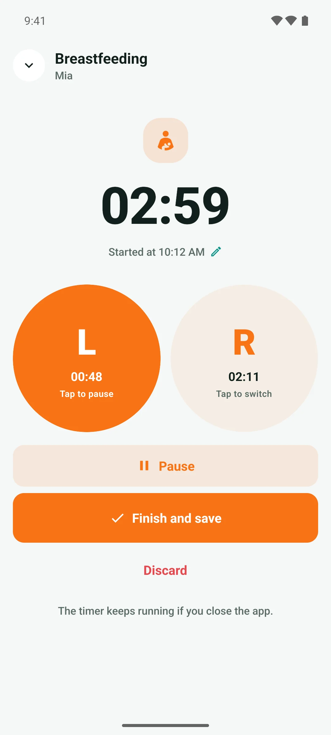 Breastfeeding timer with Left and Right buttons