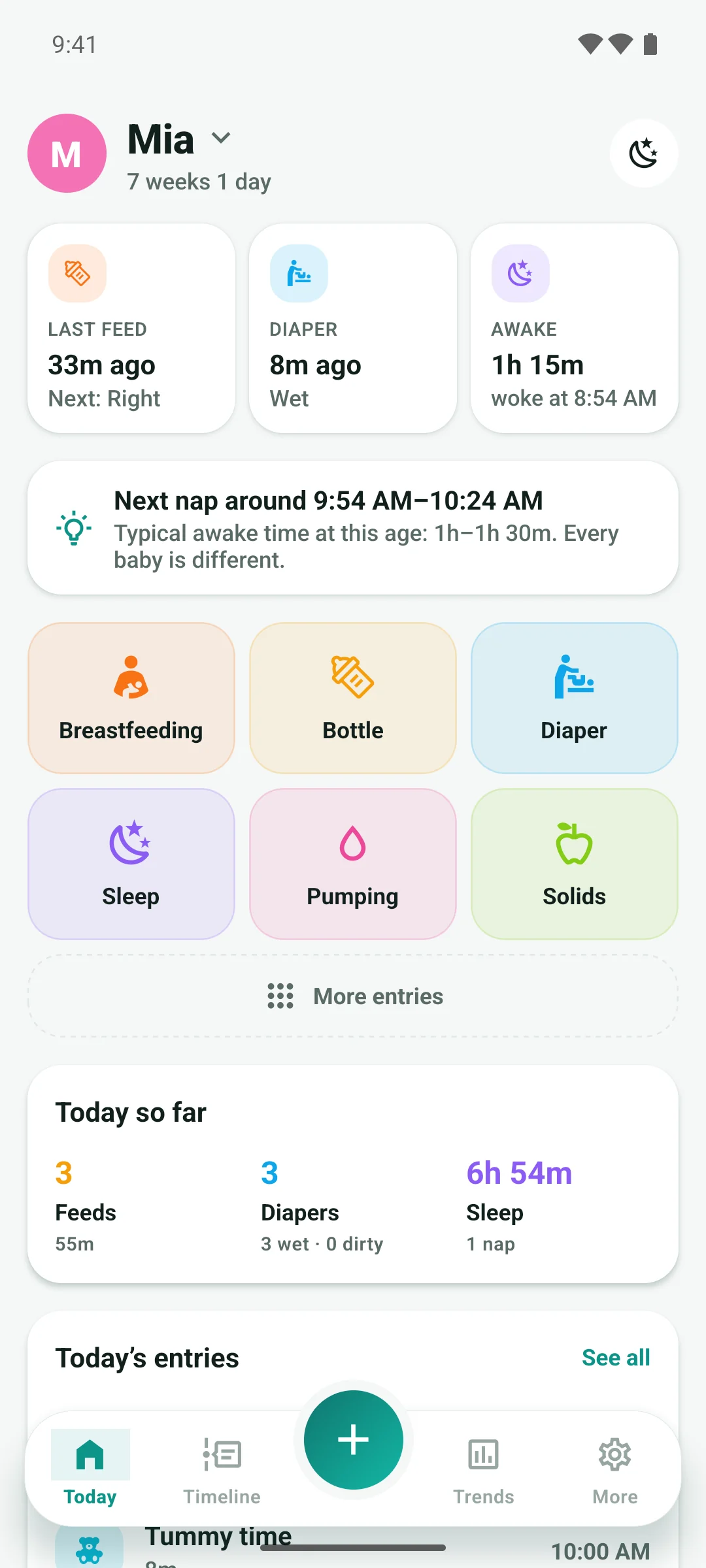 Today screen with the time since the last feed, diaper and sleep, and big buttons to log