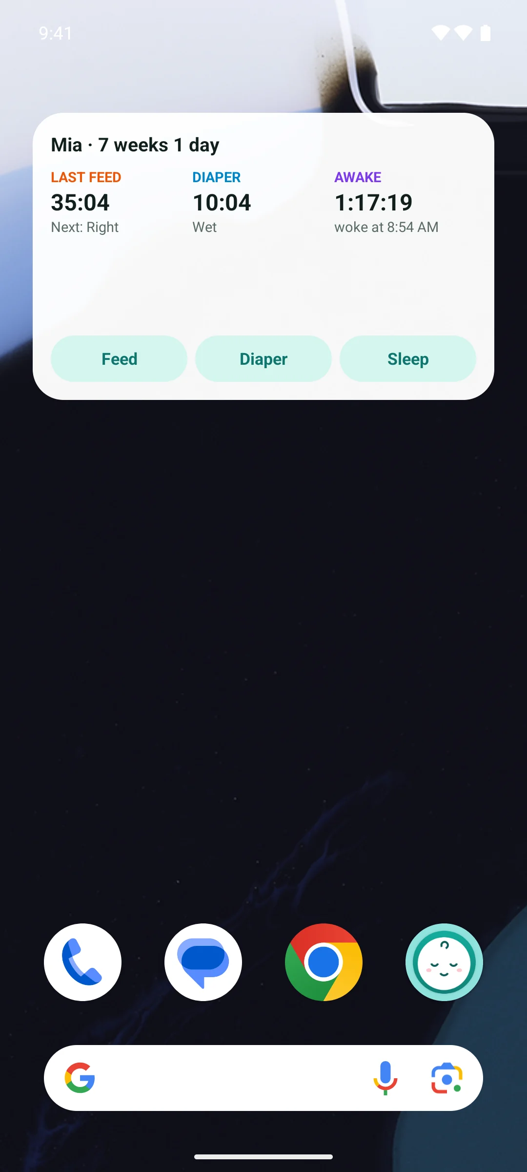 Android home screen with the Baby Tracker widget: time since the last feed, diaper and waking, with Feed, Diaper and Sleep buttons